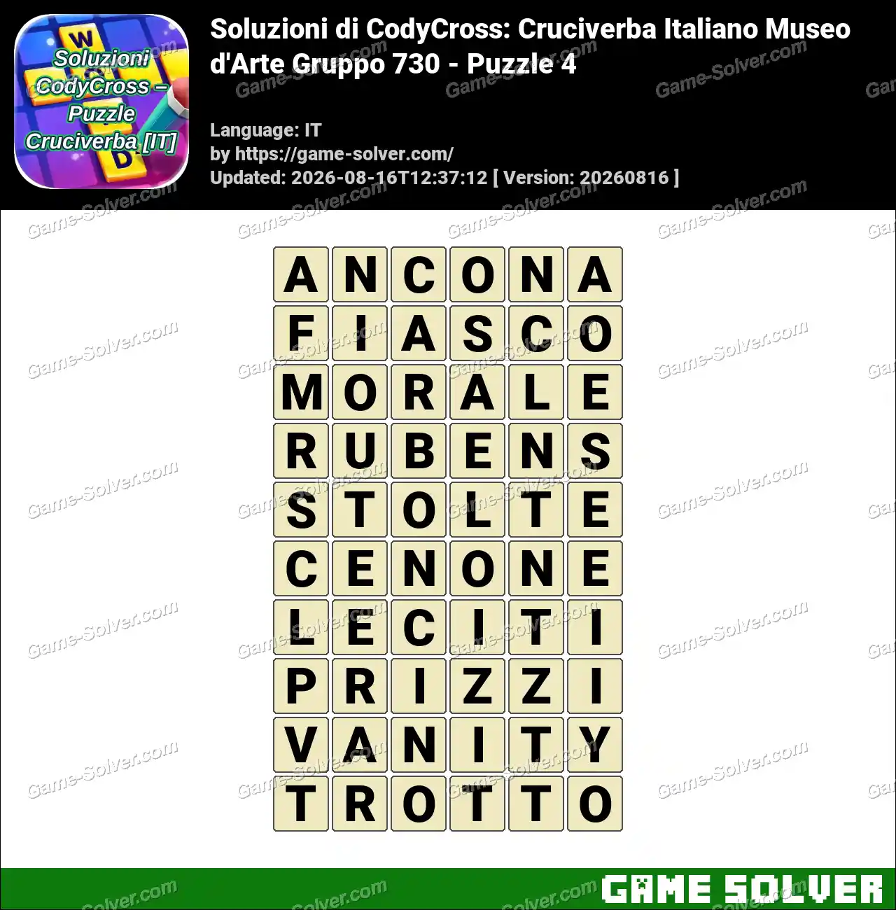 Soluzioni di CodyCross: Cruciverba Italiano Museo d’Arte Gruppo 730 – Puzzle 4